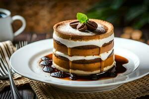 a dessert on a plate with coffee and a fork. AI-Generated photo