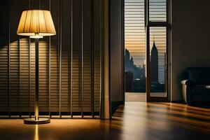 a lamp in a room with a view of the city. AI-Generated photo