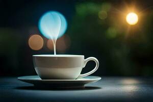 a cup of coffee with a light in the background. AI-Generated photo