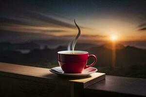 un taza de café en un de madera mesa con un ver de el amanecer. generado por ai foto