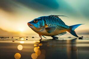 un pescado es en pie en el playa a puesta de sol. generado por ai foto