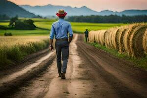 a man walking down a dirt road with hay bales in the background. AI-Generated photo