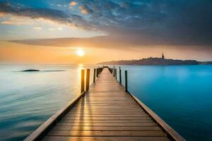 a wooden pier stretches out into the ocean at sunset. AI-Generated photo