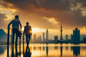 dos personas en pie en un muelle mirando a el ciudad horizonte. generado por ai foto