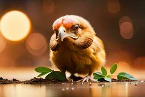 un pequeño pájaro con un rojo cabeza en pie en el suelo. generado por ai foto