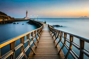 a wooden pier leads to a lighthouse at sunset. AI-Generated photo
