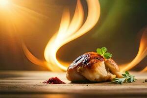 grilled chicken on a wooden table with fire. AI-Generated photo