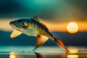 un pescado es saltando fuera de el agua a puesta de sol. generado por ai foto