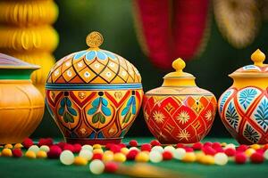 colorful vases and decorative pots are arranged on a table. AI-Generated photo
