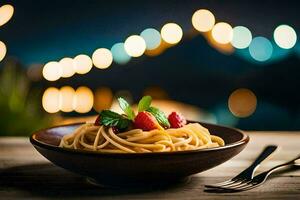 spaghetti with strawberries and mint on a wooden table. AI-Generated photo
