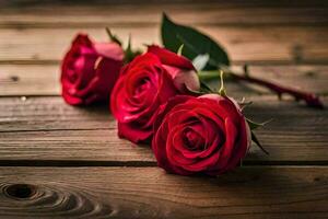 three red roses on a wooden table. AI-Generated photo