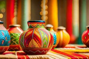 colorful vases on a table with colorful decorations. AI-Generated photo
