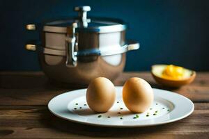 two eggs on a plate with a pot and a knife. AI-Generated photo