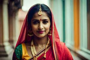 a beautiful indian woman wearing a red sari. AI-Generated photo