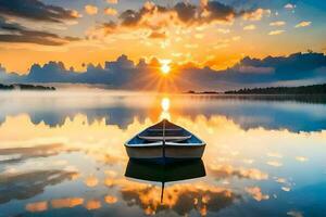 un barco es flotante en el agua a puesta de sol. generado por ai foto