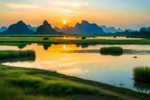 the sunrise over the li river, li river, mountains, sunset, landscape, nature, h. AI-Generated photo