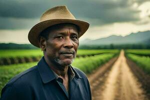 un hombre en un sombrero soportes en un campo. generado por ai foto