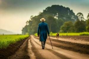 a man in a blue suit walks down a dirt road with a dog. AI-Generated photo