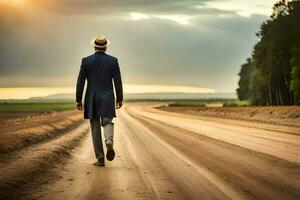 un hombre en un traje y sombrero camina abajo un suciedad la carretera. generado por ai foto