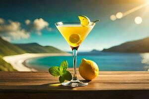 a cocktail with lemon and mint on a table in front of the ocean. AI-Generated photo