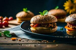 Tres hamburguesas en un plato con sésamo semillas generado por ai foto