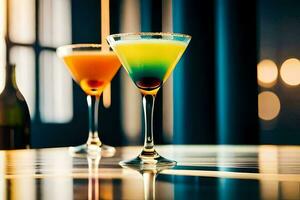 two colorful cocktails sit on a table. AI-Generated photo