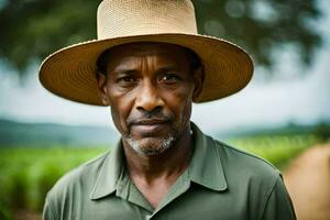 un hombre vistiendo un sombrero en un campo. generado por ai foto