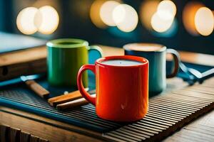 two coffee cups sit on a table with a book. AI-Generated photo