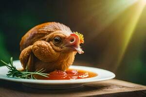 un pollo es sentado en un plato con tomate salsa. generado por ai foto