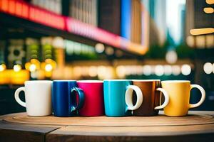 five coffee cups lined up on a table in front of a city skyline. AI-Generated photo