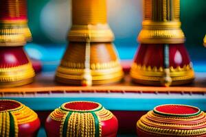 a row of colorful vases on a table. AI-Generated photo