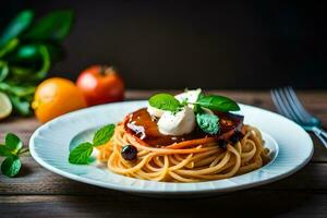 spaghetti with tomato sauce and mozzarella on a white plate. AI-Generated photo