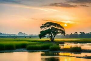un árbol soportes en el medio de un pantano a puesta de sol. generado por ai foto