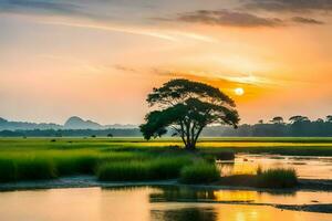 a tree stands in the middle of a marsh at sunset. AI-Generated photo
