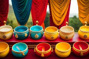 colorful pots and bowls on display in front of a curtain. AI-Generated photo