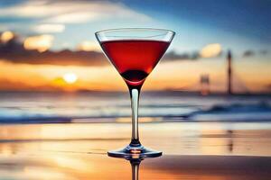 a martini glass on the beach at sunset. AI-Generated photo