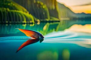 un pescado es flotante en el agua a puesta de sol. generado por ai foto