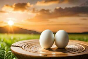 two eggs on a plate in the sunset. AI-Generated photo