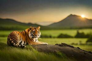 the tiger is sitting on the grass in front of the mountains. AI-Generated photo