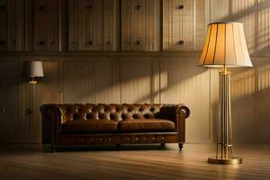 a leather couch and lamp in a room with wood paneling. AI-Generated photo