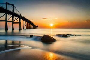 a long exposure photograph of a pier at sunset. AI-Generated photo