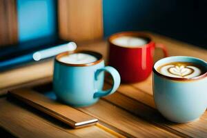 three coffee cups with latte art on them. AI-Generated photo