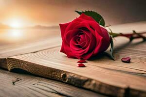 a single red rose laying on a wooden table. AI-Generated photo