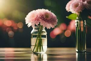 pink flowers in a vase on a table. AI-Generated photo