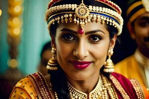 un mujer en tradicional indio atuendo con oro joyas. generado por ai foto