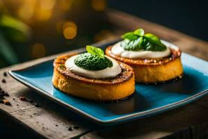 two small breadsticks topped with cream and mint leaves. AI-Generated photo