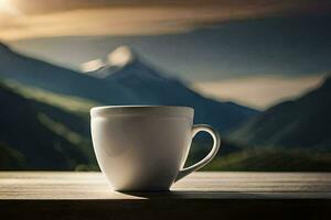 coffee cup on the balcony, mountains, mountains, mountains, mountains, mountains, mountains,. AI-Generated photo