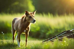 a deer stands in the grass next to a basket. AI-Generated photo