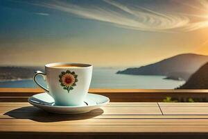 café taza en el terraza. generado por ai foto