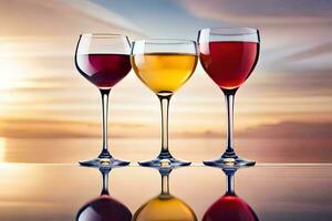 Tres lentes de vino son mostrado en un mesa. generado por ai foto